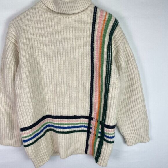 Tory Sport Merino Wool Striped Long Sleeve Turtleneck Chunky Knit Sweater Cream - Picture 6 of 9